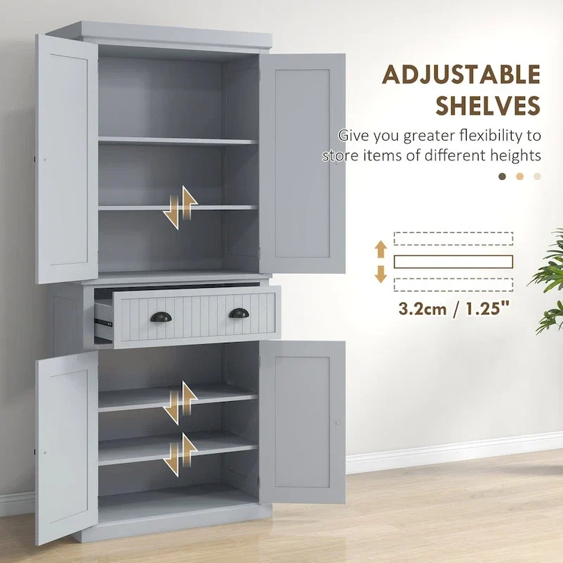 72 Kitchen Pantry Storage Cabinet, Traditional Freestanding Cabinet with 4 Doors and 3 Adjustable Shelves, Large Central Drawer