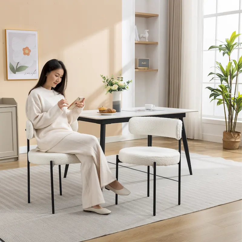 Set of 2 Modern Round Boucle Dining Chairs, Upholstered Accent Chairs with Metal Legs, Dining Room
