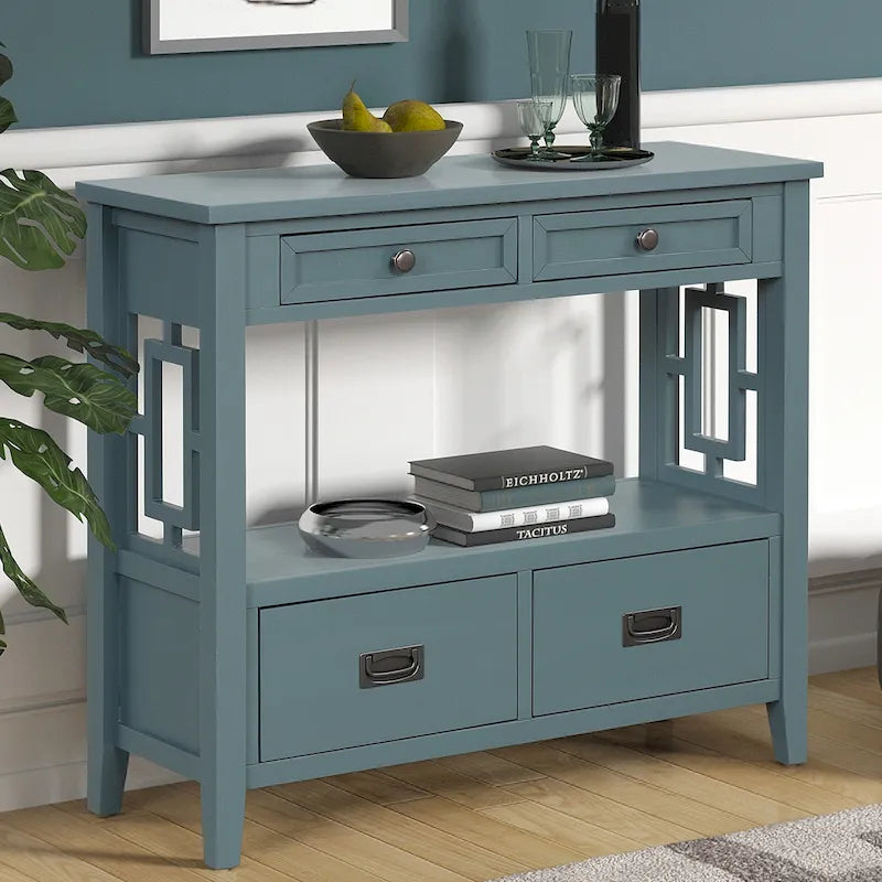36 in. Farmhouse Pine Wood Console Table with 4 Drawers and Open Shelf