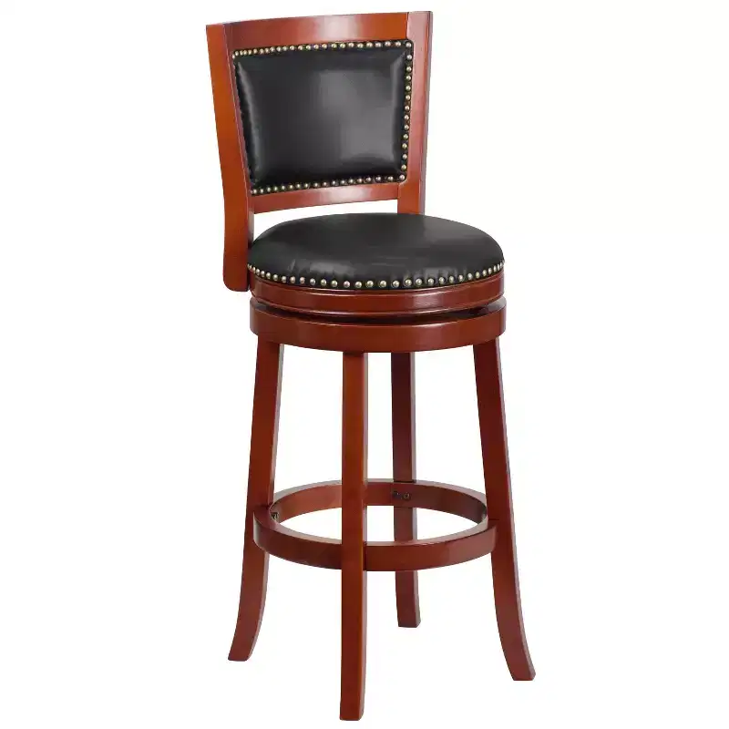 Open Panel Back Wood Barstool with Leather Swivel Seat