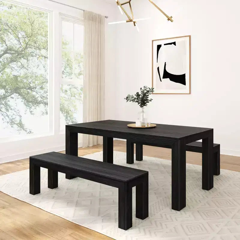 Solid Wood Modern Dining Table Set with 2 Benches for 6
