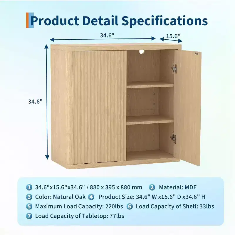 Wooden Sideboard Buffet Cabinet with 2 Fluted Doors & Adjustable Shelves, Freestanding Coffee Bar for Dining Room & Living Room