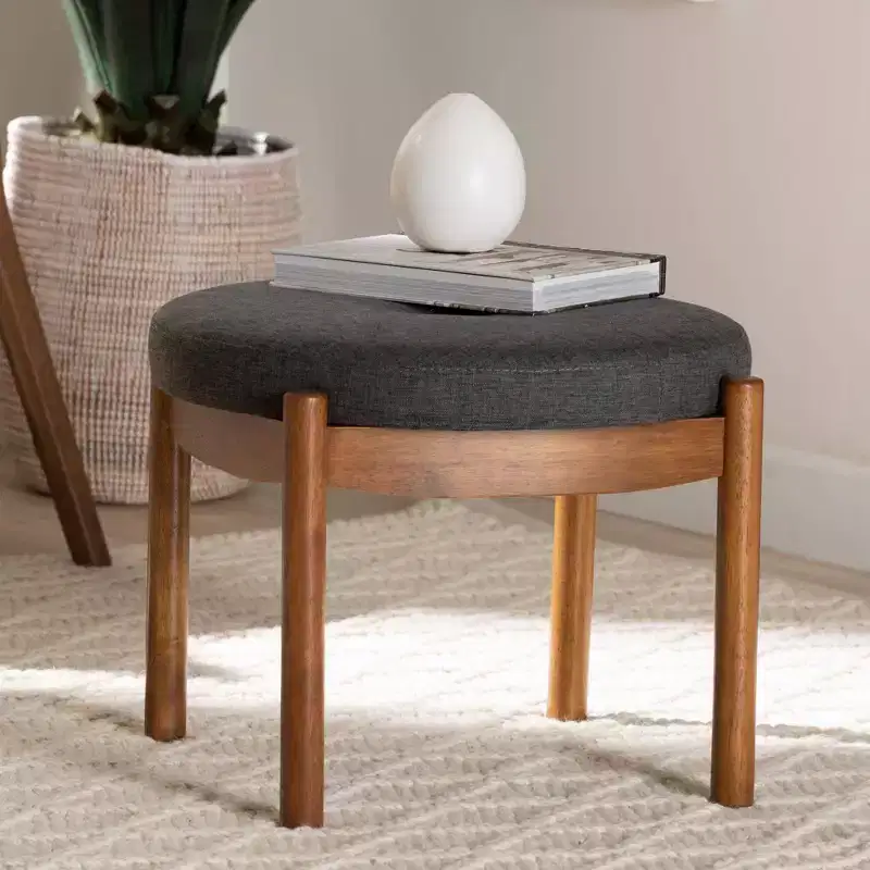 Iliana Fabric and Wood Ottoman Footstool Dark Gray/Walnut Brown - Baxton Studio