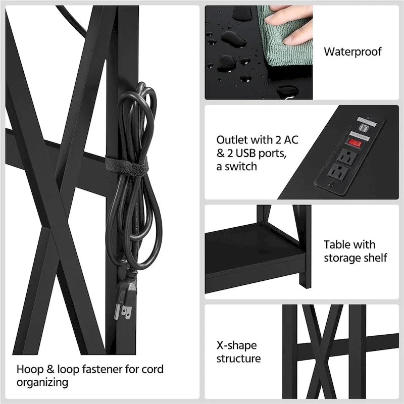 2-Tier Narrow Sofa Console Table with Built-In Power Outlet