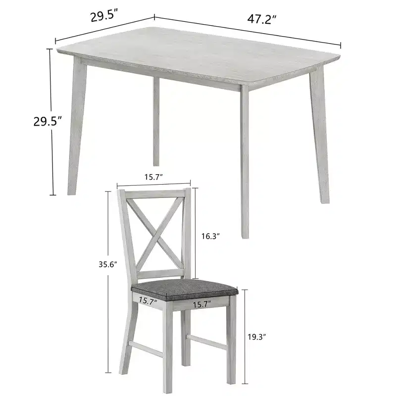 VECELO Farmhouse Style Dining Table Set, Rubber Wood Table and Upholstered Dining Chairs, Gray
