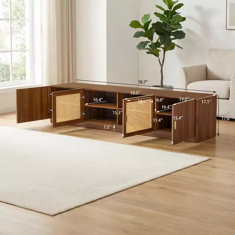 TV Stand for TVs Up to 85, TV Console for Living Room, Media Console with Rattan Doors, Adjustable Shelf TV Stand for Bedroom