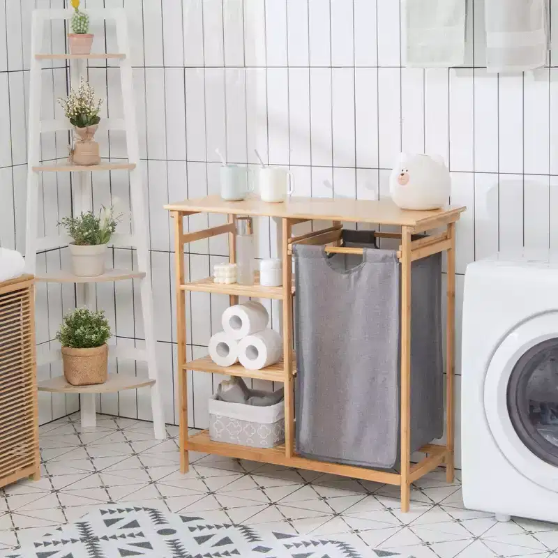 Costway Laundry Hamper Basket Table Bamboo w/Storage Shelves and Sliding Bag