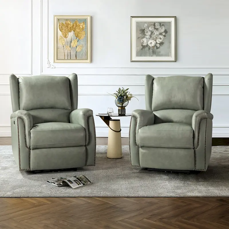 Genuine Leather Power Recliner with USB Port �?Wingback Nailhead Set of 2