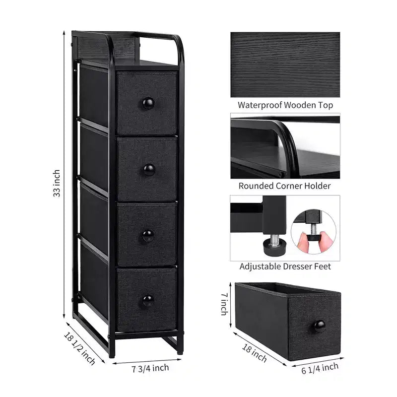 REAHOME 4 Drawer Vertical Steel Frame Storage Organizer Narrow Tower Dresser with Waterproof, Adjustable Feet, and Wall Safety Attachment, Black/Grey