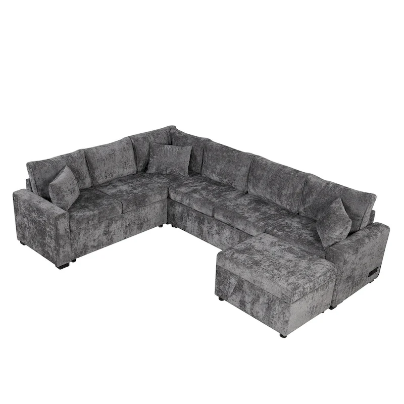 Chenille Sectional Sofa Pull-out Sofa Bed, L-Shape Sleeper Sofa with Storage Ottoman, 3 Pillows and Charging Devices