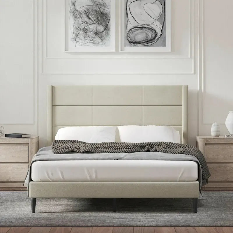 Upholstered Platform Bed with Wingback Headboard | Queen King Cal King
