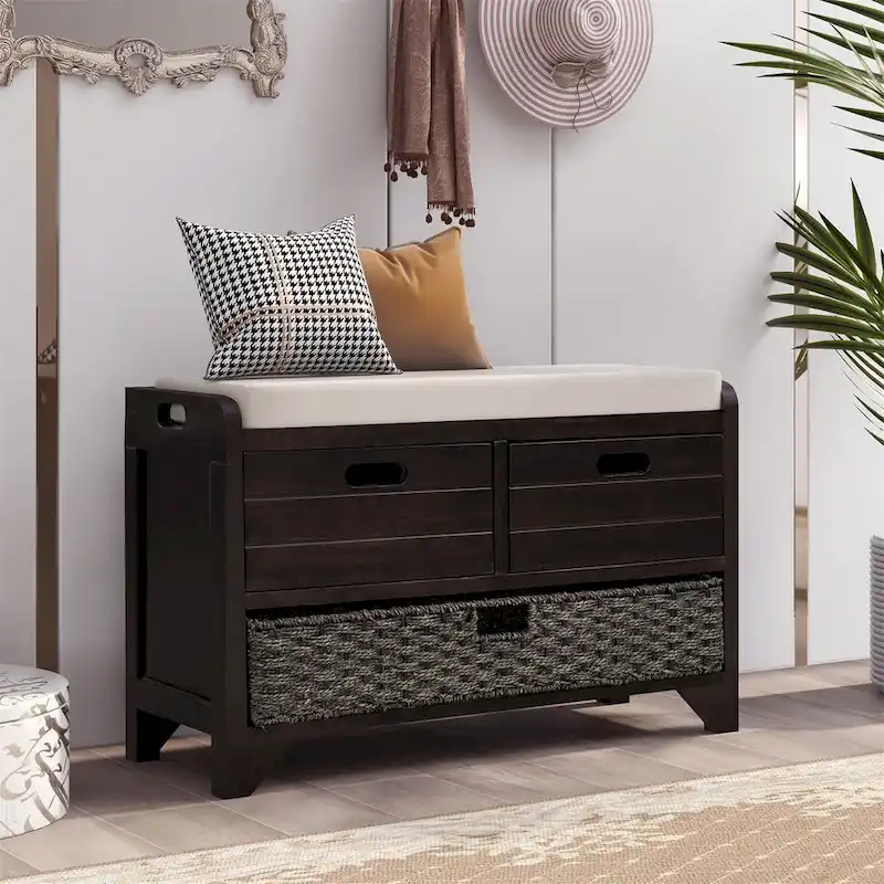 Wooden Entryway Storage Bench with 2 Removable Woven Rattan Baskets, Farmhouse Style Seat