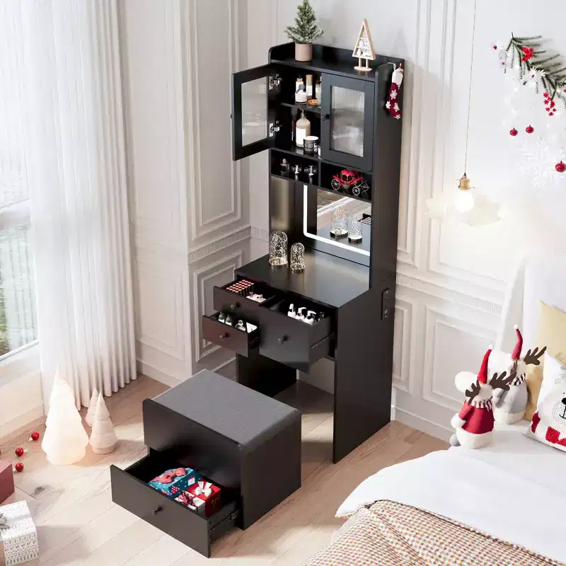 COZONY 3 in 1 Vanity Desk, Tall Makeup Vanity with Storage Drawers & Acrylic Doors, Dressing Table with Mirror, Jewelry Storage & Cushioned Chair