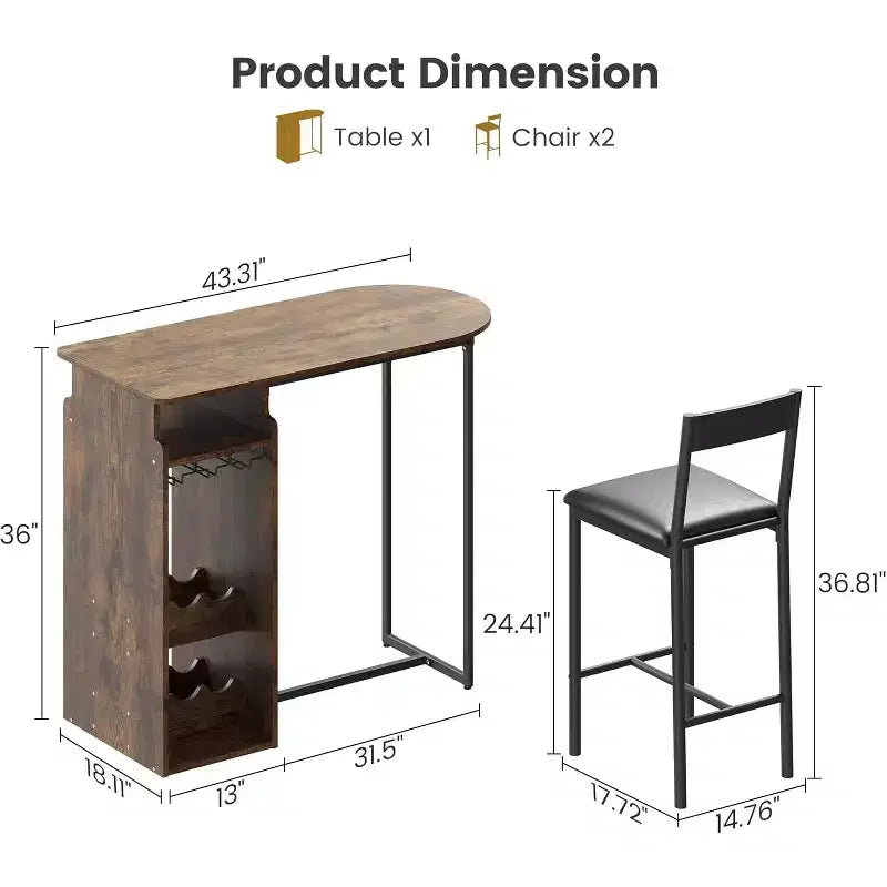 Garvee Bar Table and Chairs for 2, Modern Dining Set with Double Wine Rack, Glass Holder, PU Seats, Brown Table for Dining Room & Office