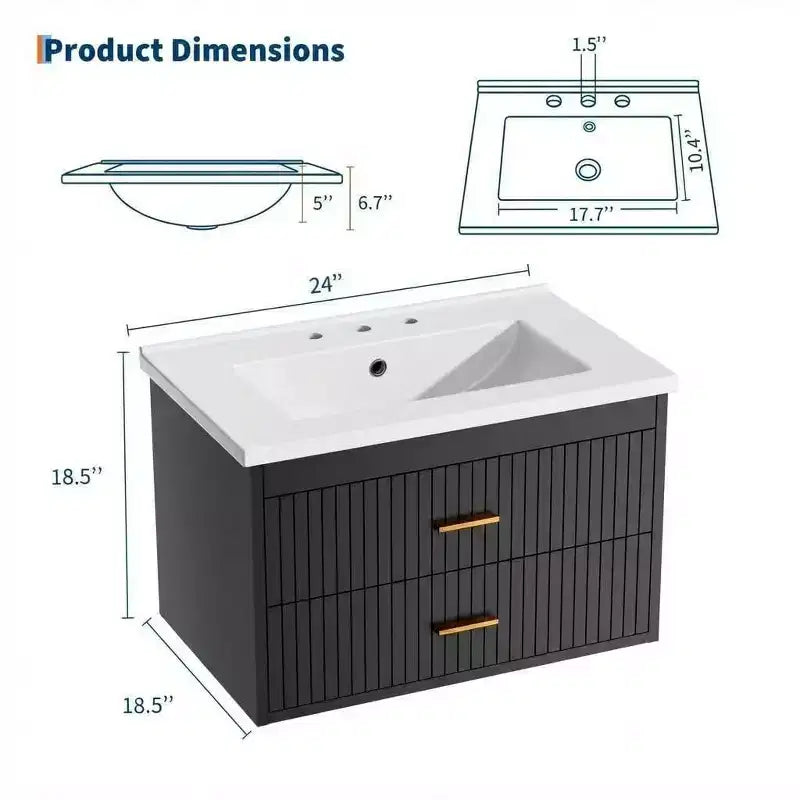 Floating Bathroom Vanity 24/30 Inch with Sink Combo Wall Mounted Cabinet 2 Drawers for Bathroom Storage