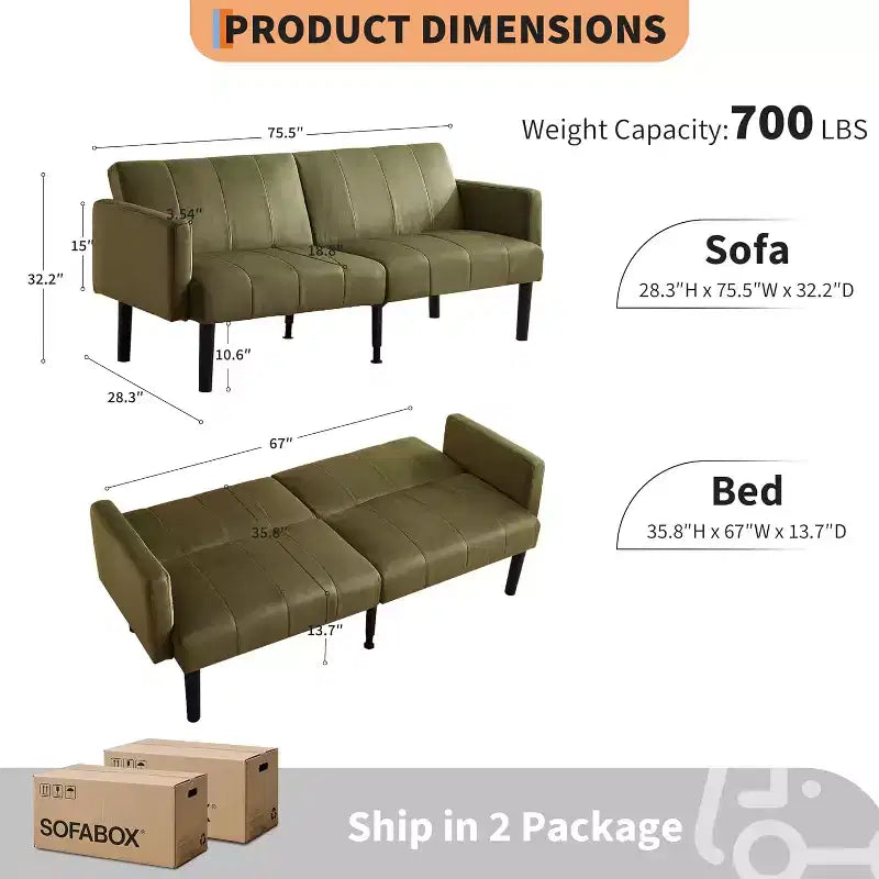 75.5 Adjustable Sofa Bed  3-Position Recliner with Off-Floor Design for Small Spaces (Gray/Green)