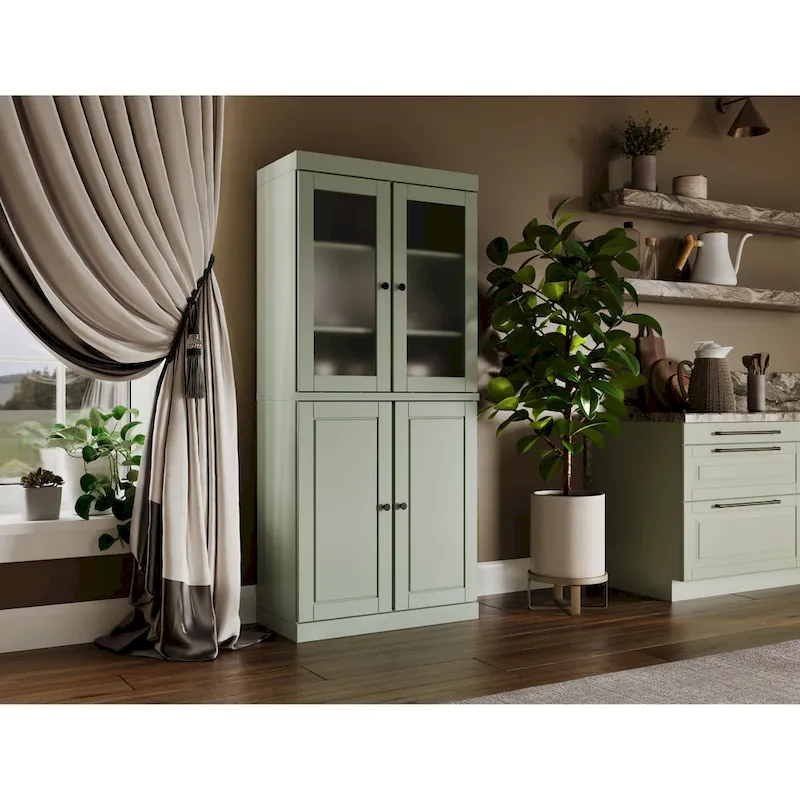 100% Solid Wood Pantry Cabinet with Frosted Glass Doors, Solid Doors, 2-Drawers and Adjustable Shelves