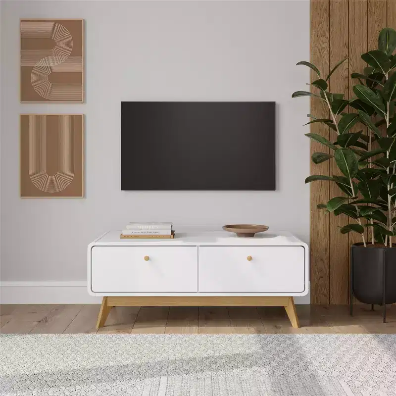 Ren Home Leva Scandinavian 2 Drawer Curved Entertainment Console, White