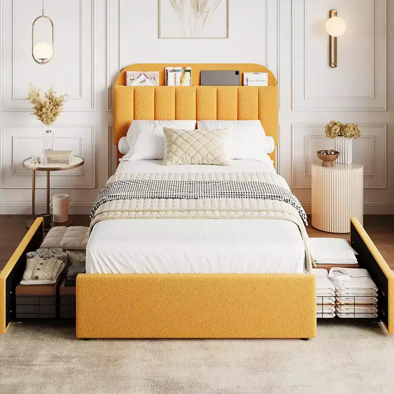 Full Bed Frame with Storage Headboard, 2 Drawers & Boucle Upholstered Bookcase