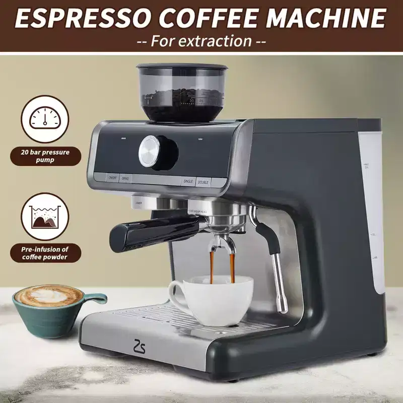 GustoWave Semi Automatic Espresso Machine with Grinder, Milk Frother & 2.8L Water Tank, 20 BAR Pump