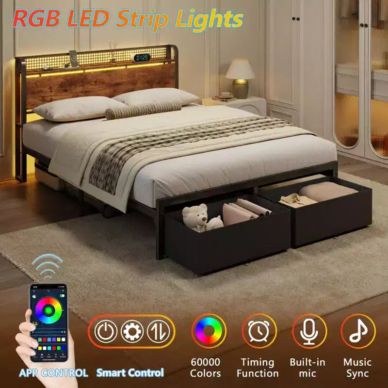 Queen Platform Bed Frame with 2 Storage Drawers Bookcase Headboard Charging Station LED Lights Metal Support No Box Spring