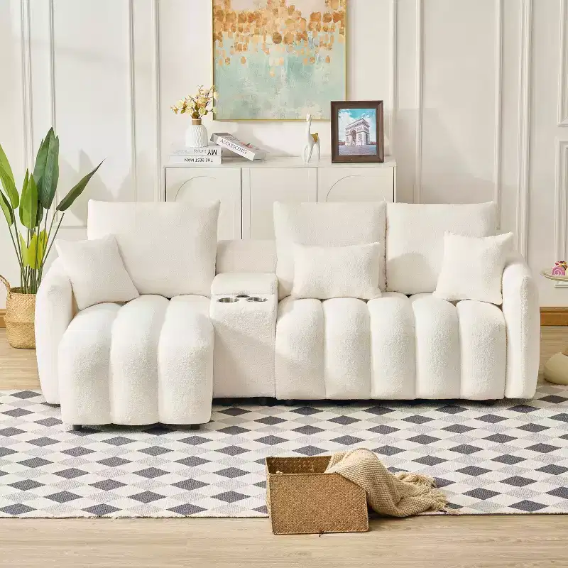 MAYEERTY 92 inch High Quality Trddy Fur Fabric Corner Sofa with Center Console Coffee Table for Living Room Apartments White