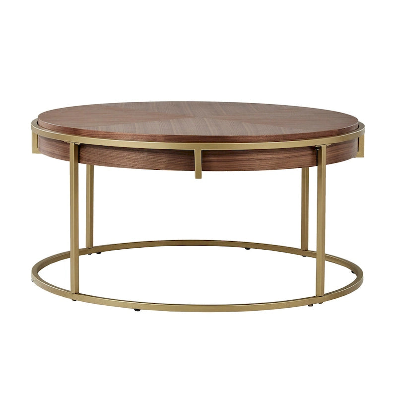 Round Coffee Table with Geometric Walnut Veneer Top and Gold Metal Base