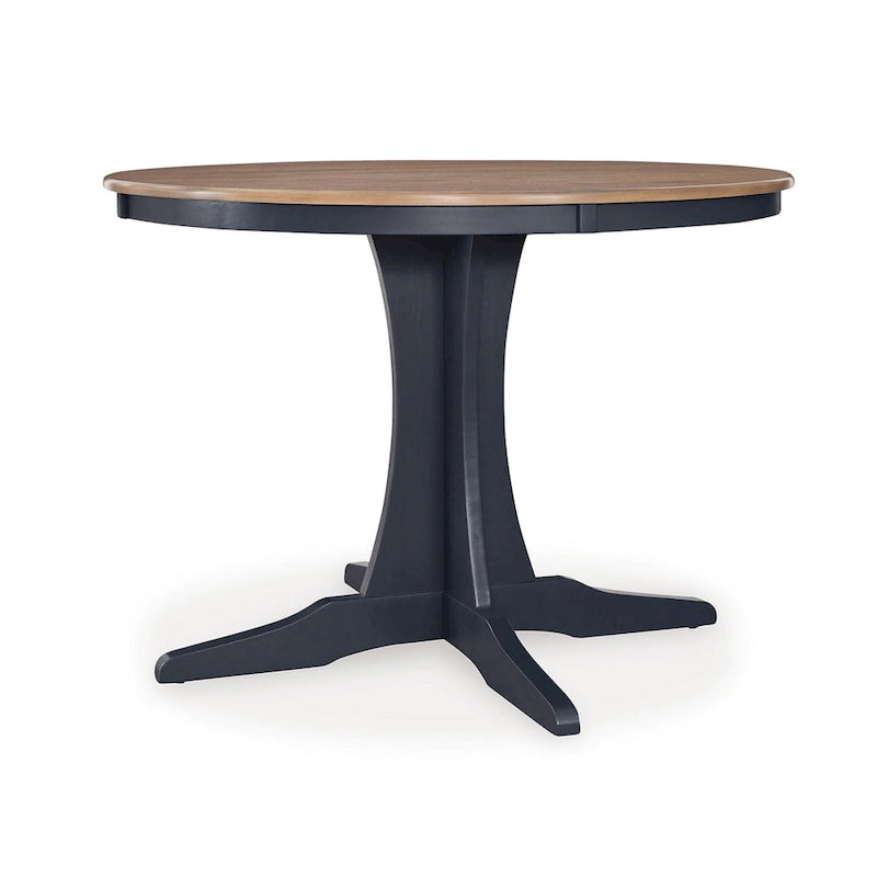 Round Dining Table, 42 Inch Brown Wood Top, Dark Blue Pedestal Base