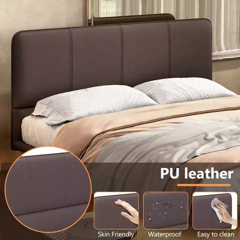 Full/Queen Size Floating Bed Frame with LED Light, Modern PU Leather Platform Bedframe for Bedroom