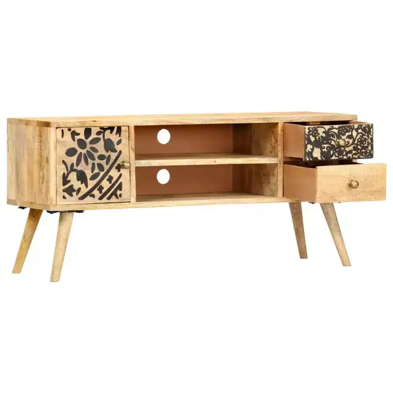 Solid Mango Wood TV Stand with Black Accents, Natural Finish