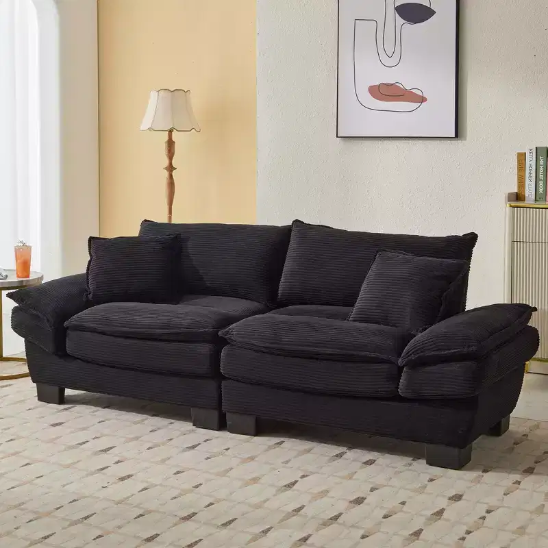 Corduroy Loveseat, Upholstered Deep Seat Sofa with Pillows for Bedroom, Living Room, Office, Black