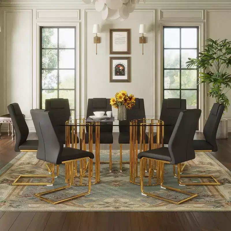 GDFStudio Arvion 8-Person Glass and Metal Dining Set with Faux Leather Upholstered Chairs