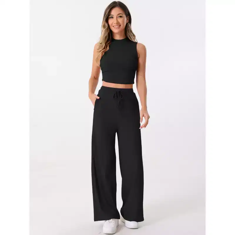 Allegra K Women's 2 Piece Crew Neck Sleeveless Crop Tank and Wide Leg Pants Summer Lounge Set