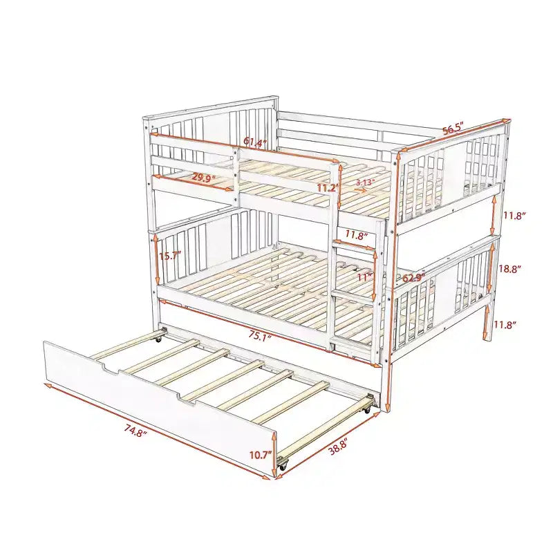 Full over Full Bunk Bed with Twin Trundle, Full Size Wood Bunk Bed Frame for Kids Teens Adults, Can be Convertible to 2 Beds