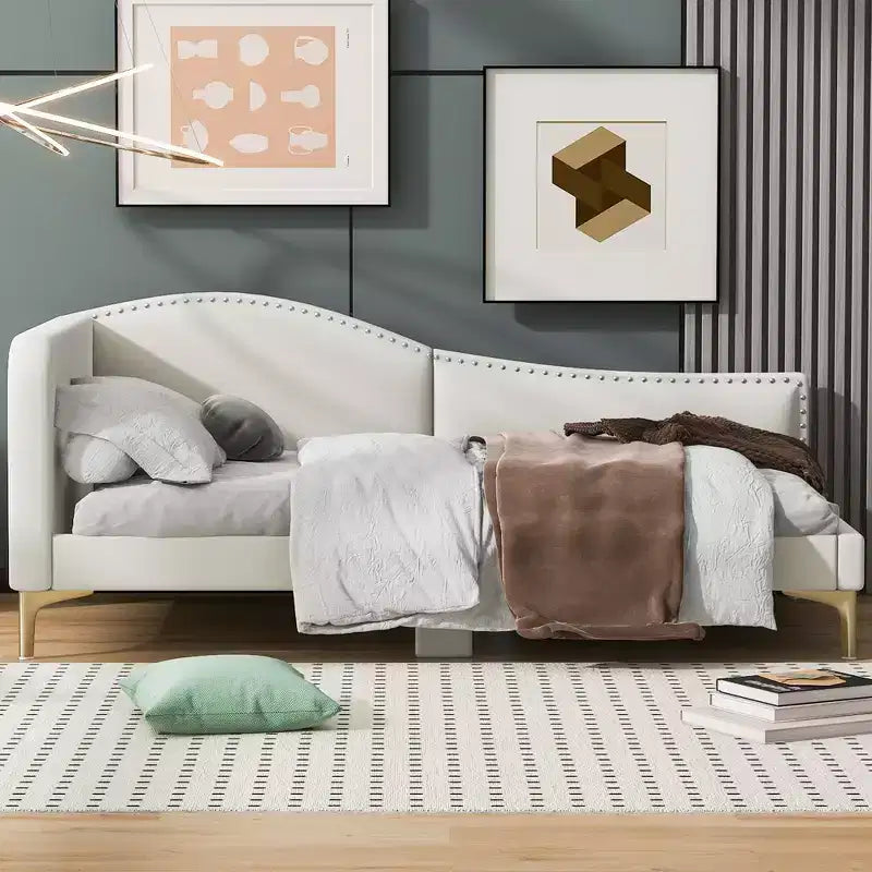 Twin/Full Size Upholstered Daybed with Headboard, Armrest and Support Legs, Grey/Beige-ModernLuxe