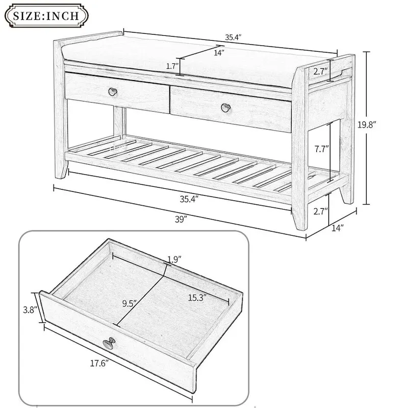 Wooden Storage Bench with Shoe Rack and Drawers