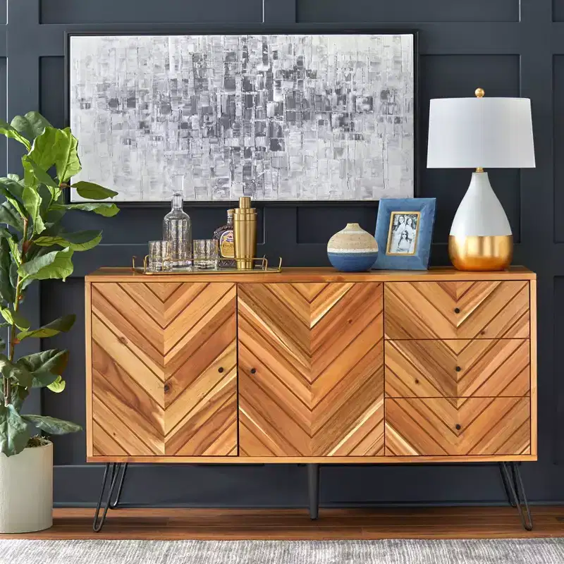 Lifestorey 2 Doors 3 Drawers Alexandria Mid Century Modern Chevron Buffet Oak: Mid-century Server, Hairpin Legs, Storage