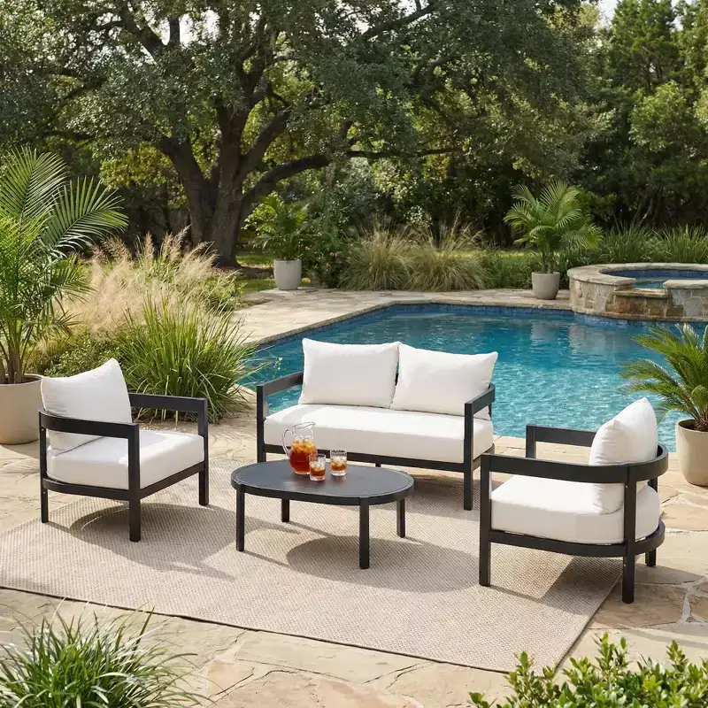 Christopher Knight Home Adriel 4 Piece Modern Outdoor Aluminum Conversation Set with Glass Coffee Table
