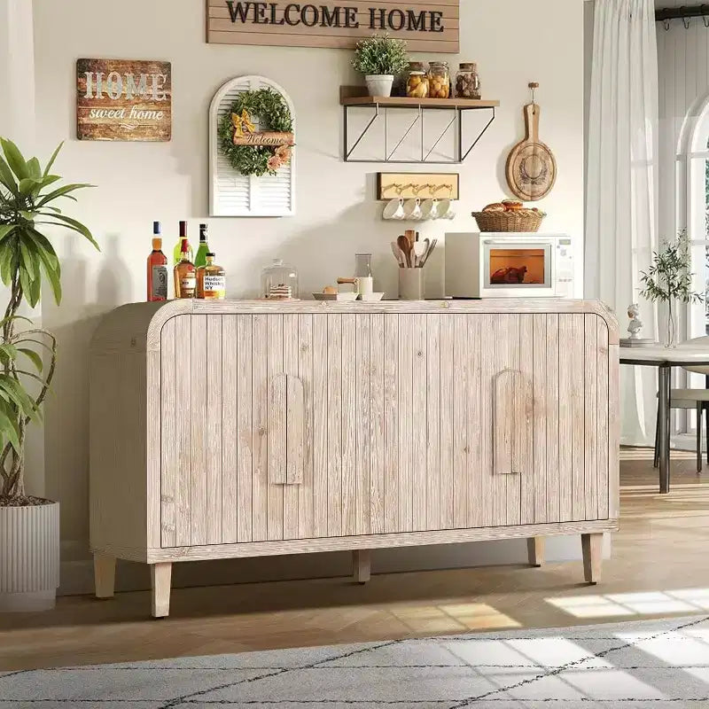 JVNOXK 59-inch farmhouse-style storage sideboard with wooden handles, woodgrain carvings and adjustable shelves, suitable for kitchens, white