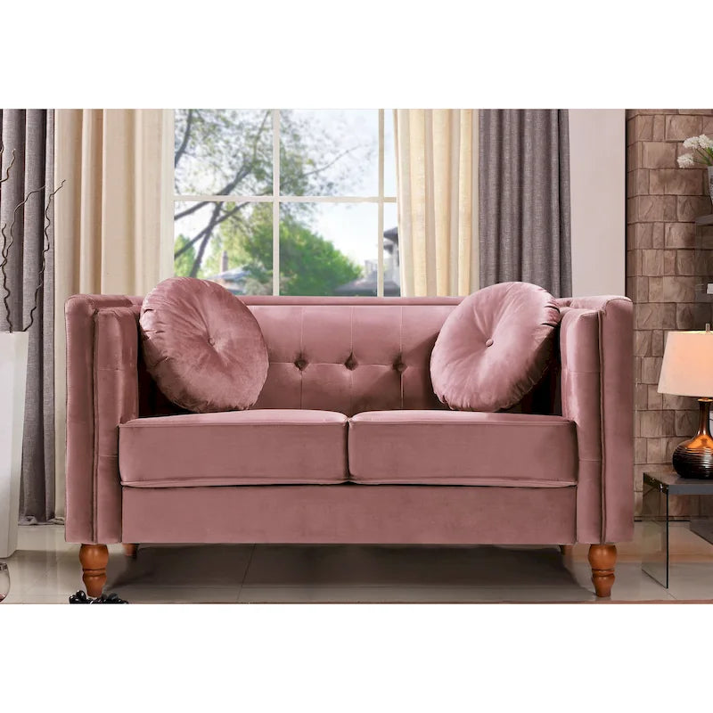 Crushed Velvet Loveseat with Button-Tufted Back and Bolster Pillows