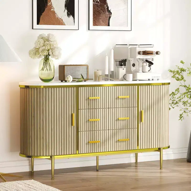47 Faux Marble Mid-Century Modern Sideboard Buffet Cabinet, Fluted Storage Console with 3 Drawers & Metal Legs for Dining Room Living Room Entryway