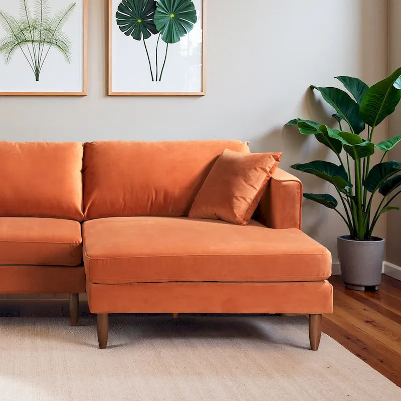 Mid-Century Modern L-Shaped Pillow Back Velvet Sectional Sofa