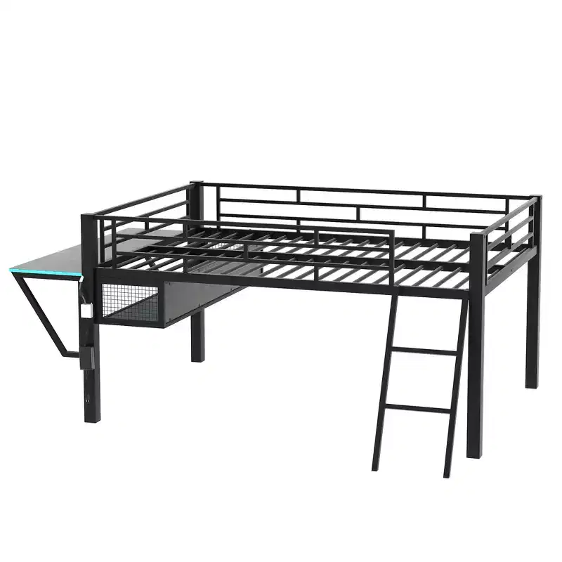 Whisen 92.8''L x 41.7''W Gaming Style Black Metal Loft Bed with Built in Desk, Ladder and Shelf