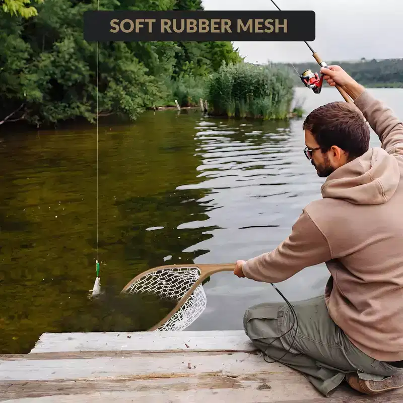 Fishing Landing Net with Wooden Handle, Soft Rubber Catch and Release Net for Freshwater and Saltwater