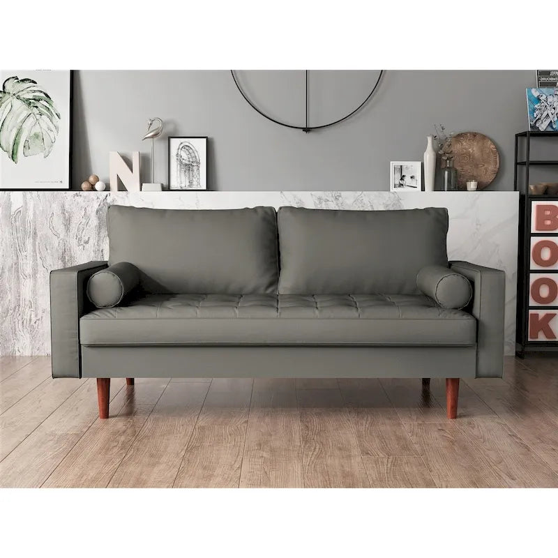 Mid-Century Modern Faux Leather Sofa with Track Arms
