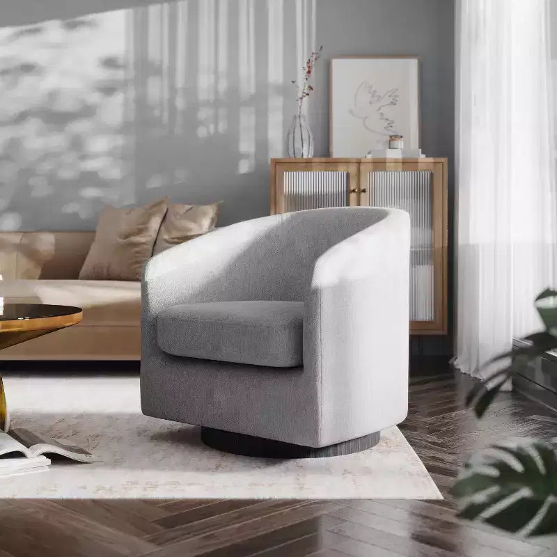 Emma and Oliver Upholstered Club Style Barrel Accent Chair with 360 Degree Swivel Vinyl Wrapped Base and Sloped Armrests
