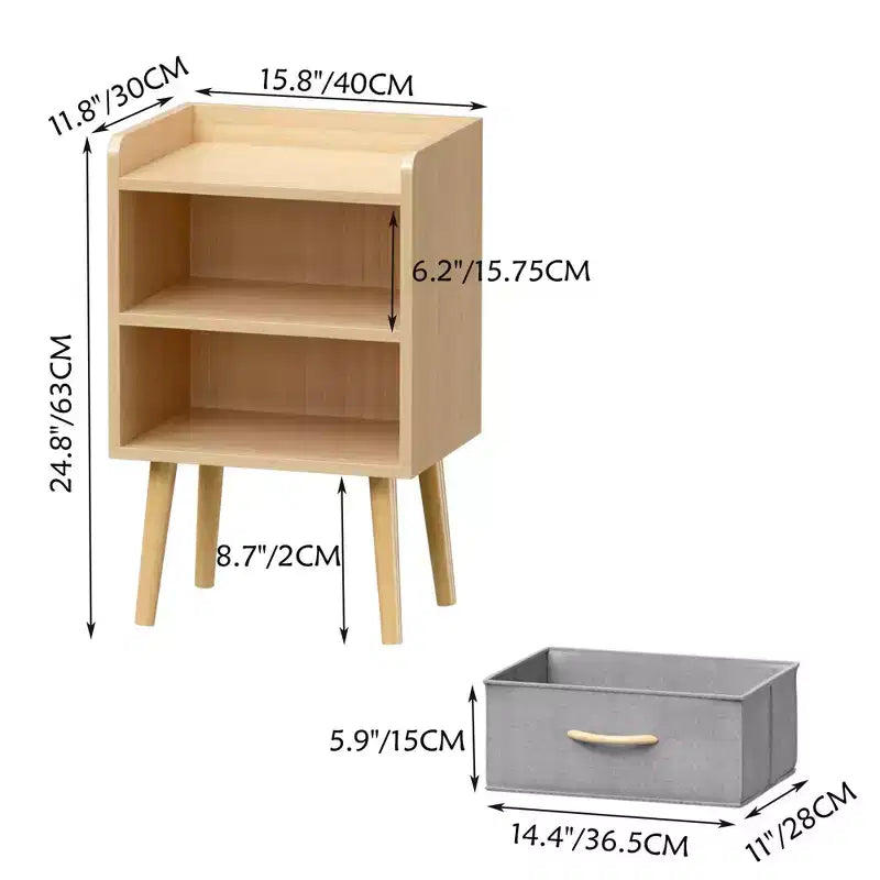 TUYOHW Modern Nightstand With Collapsible Fabric Drawer,Storage End Table with Open Shelf,Wood Side Table for Kids,Adults,Bedroom,Living Room,Oak