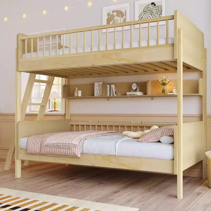 Twin Over Twin Size Bunk Bed with 3 Storage Shelves, Wooden Twin Bunk Bed Frame with Convertible Ladder and Security Fence