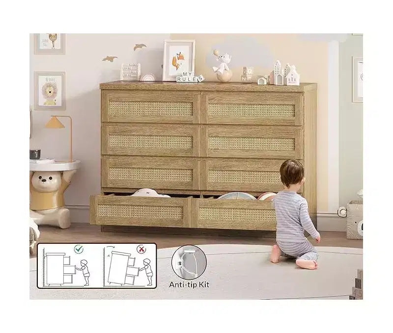8-Drawer Rattan Dresser with Wide Tabletop