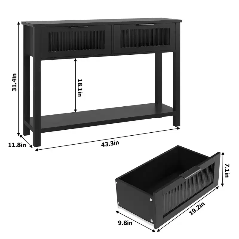 CuisinSmart Wood Console Table for Entryway, 2-Tier Sofa Table with 2 Glass Drawers & Open-shelf Storage, Ideal for Living Room & Foyer, Oak